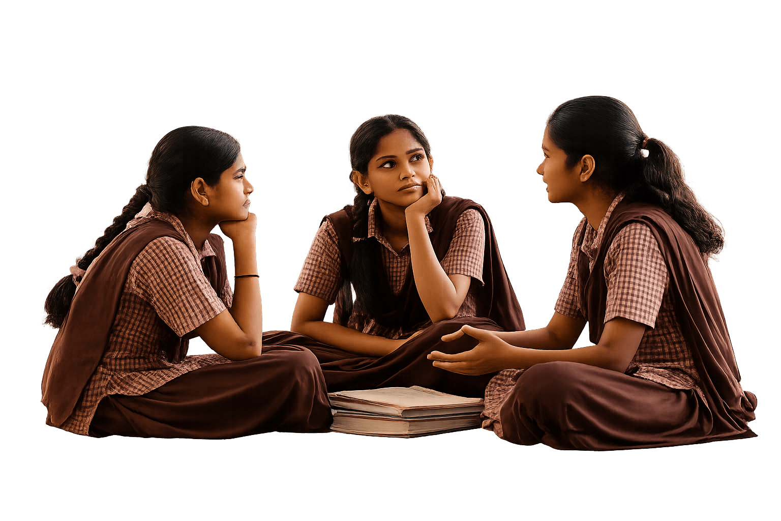 Three schoolgirls sitting together in conversation, with a book between them